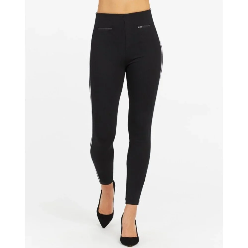 Spanx Perfect Pant Ankle Piped Skinny Classic Black Zipper Pockets Edgy Ponte S